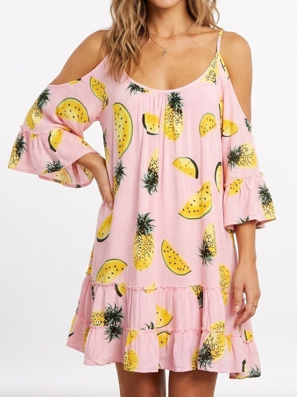Solitaire Swim Pink Pineapple Watermelon Cold Shoulder Tiered Ruffles Dress Sz M
